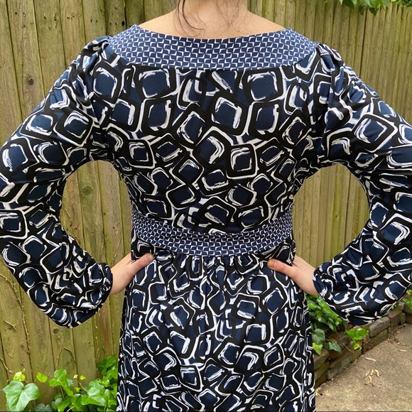 Nine West FLATTERING Empire-Waist Blue Print Dress - Picture 4 of 10